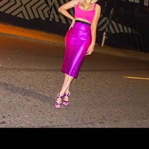 Zara pink fuchsia metallic ribbed midi skirt 2018